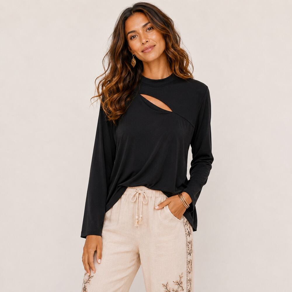 Susan Graver Liquid Knit Peekaboo Blouse Women's Size XL Black Office Casual